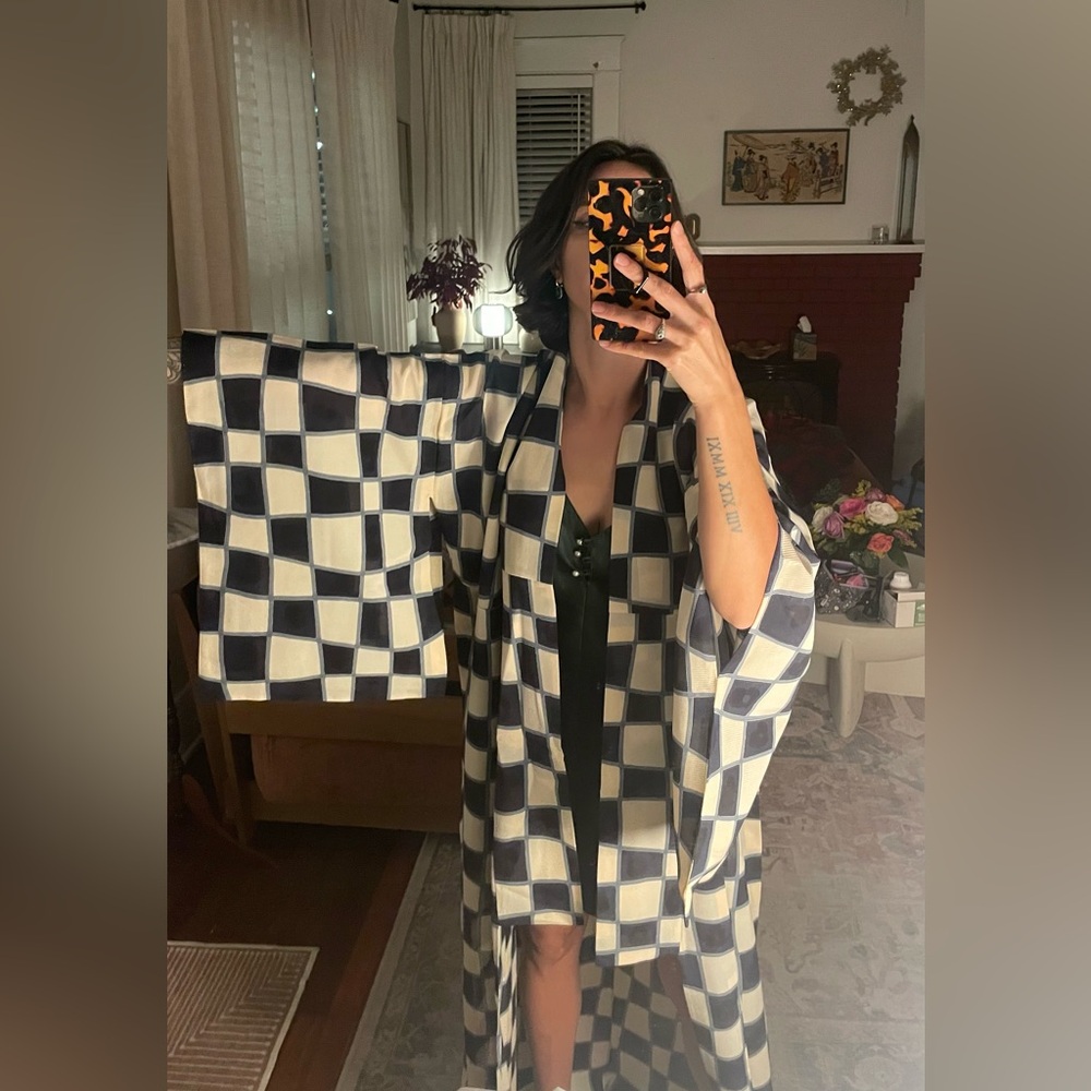 Antique sheer Sha Silk kimono psychedelic checkerboard transparent chess usomono - Picture 7 of 12